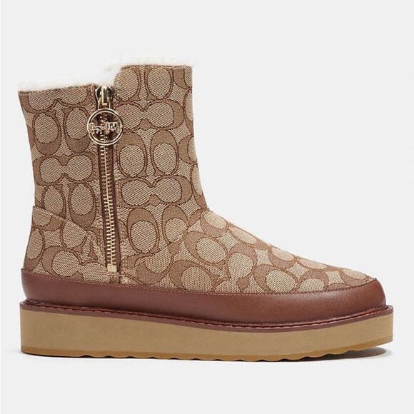 Coach Boots Women’s 8.5 Isa Jacquard Brown Logo Winter Shearling Lining - Picture 1 of 10